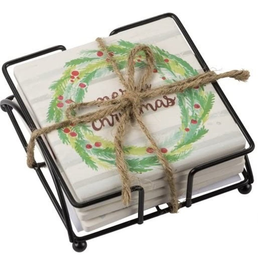 Primitives by Kathy Christmas Stoneware Coaster Set with Wire Holder